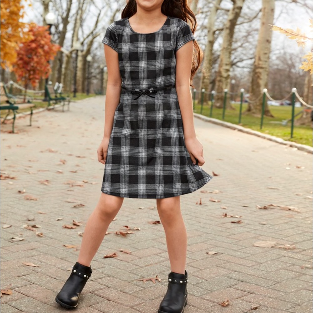 Girls Plaid Jacquard Dress Black